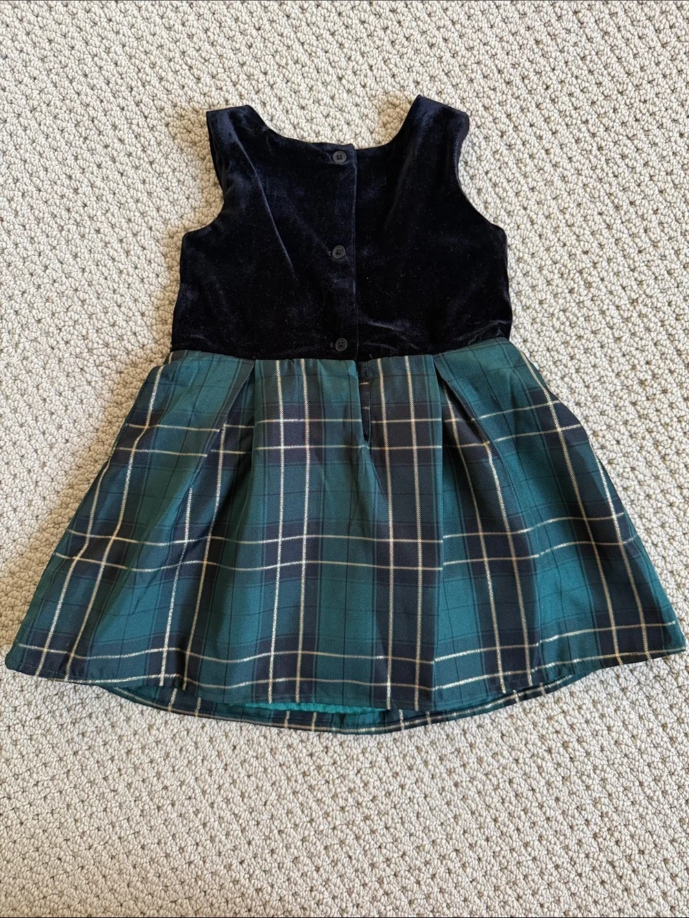 The Children's Place Black Velvet Top with Green Plaid Skirt and Bow
